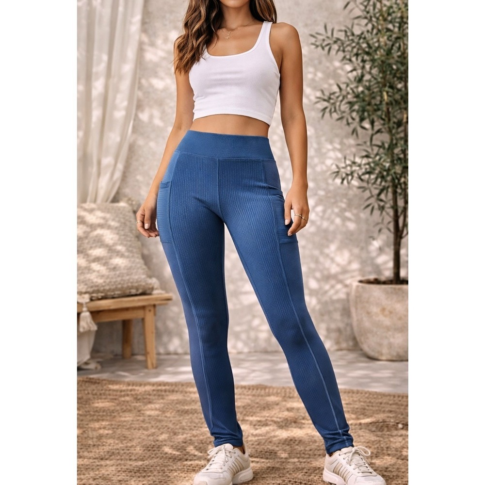 Lildy Womens Ribbed Knit Leggings with Pockets Teal Blue Size L-XL RN‎ 157754